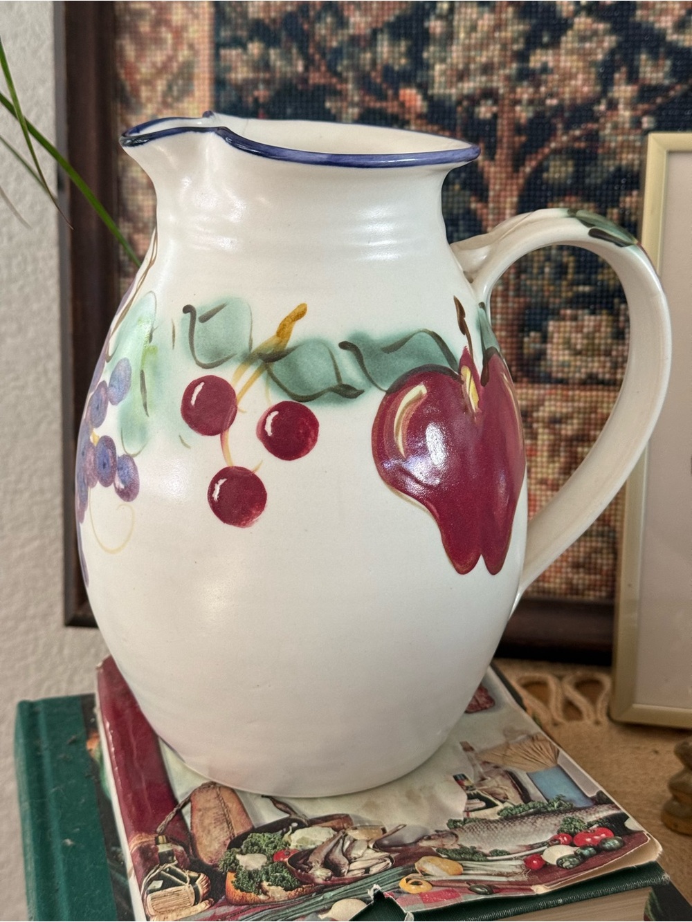 Vintage 1997 Clouds of Folsom Hand-Painted Fruit Pottery Pitcher / Vase - Picture 2 of 10